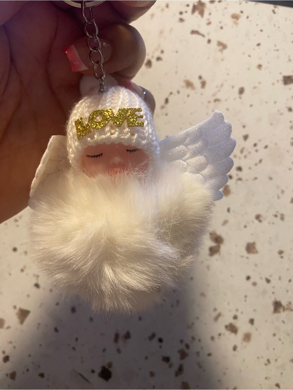 White Angel Pom Pom Keychain with Gold 'LOVE' Beanie - Picture 3 of 5